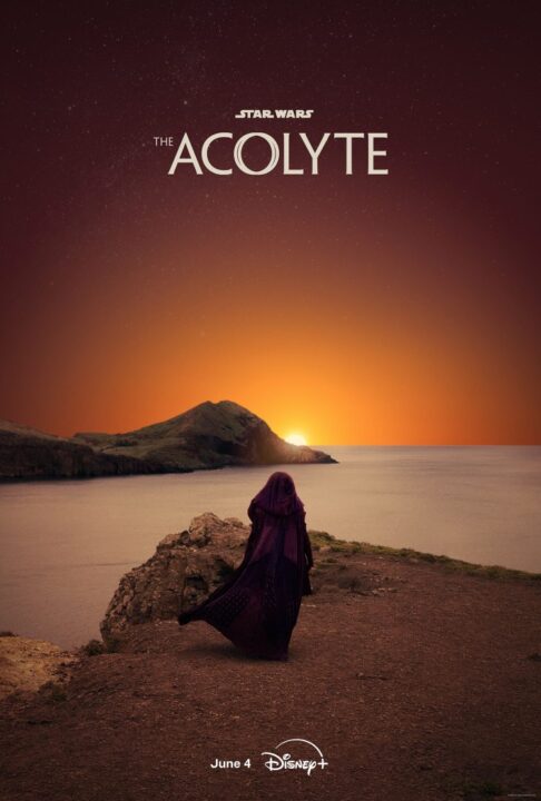 The official poster for the now-cancelled Star Wars series The Acolyte, showing a cloaked figure standing on a cliff overlooking a body of water at sunset, with the "STAR WARS THE ACOLYTE" logo and "June 4 Disney+" release details.