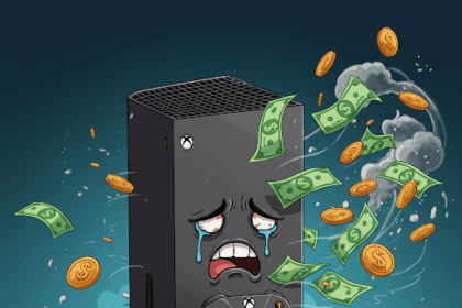 Sad XBox console with money flying around it