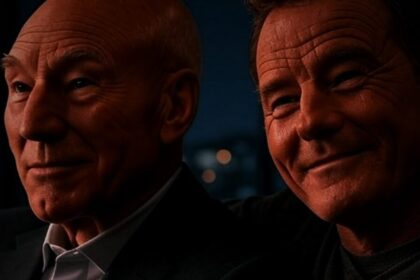 Split image showing a thoughtful Patrick Stewart as Professor X on one side, and a contemplative Bryan Cranston on the other, representing the X-Men reboot casting discussion