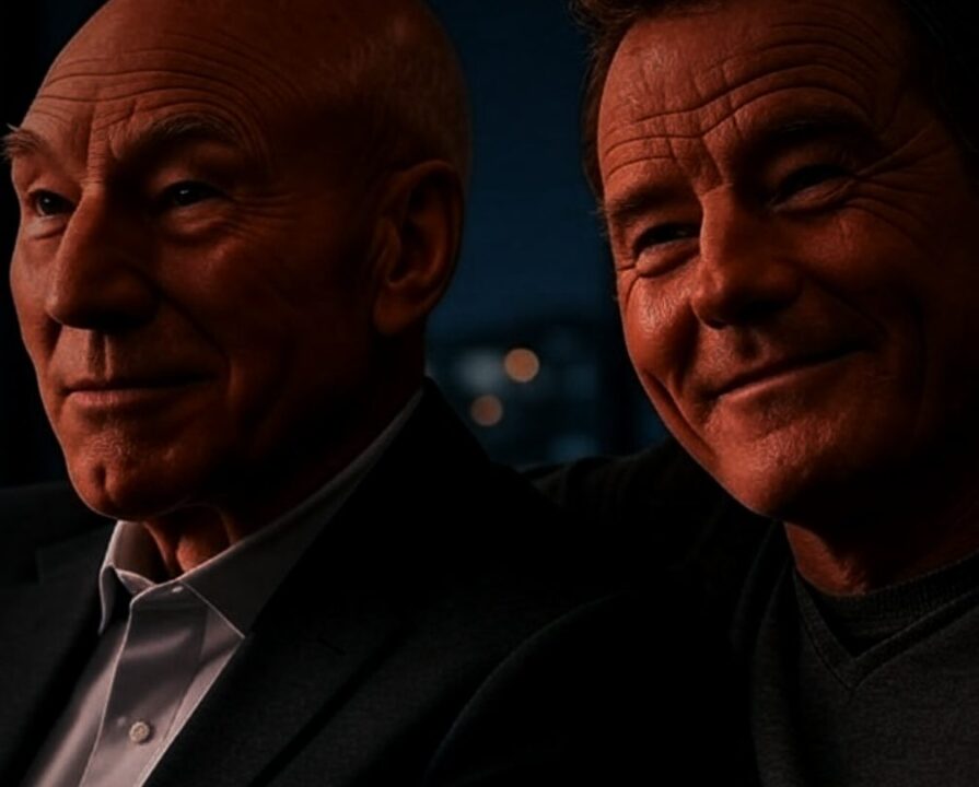 Split image showing a thoughtful Patrick Stewart as Professor X on one side, and a contemplative Bryan Cranston on the other, representing the X-Men reboot casting discussion