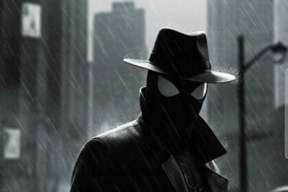Spider-Noir, a shadowy figure in a trench coat and fedora, stands in a rain-slicked, black and white city.