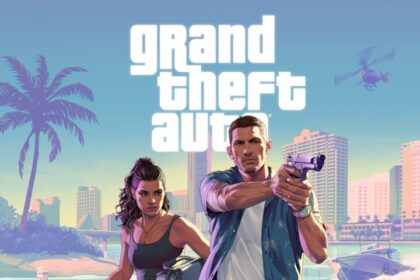 Stylized artwork of Lucia and Jason from Grand Theft Auto 6, standing by a dock with guns drawn, with Vice City buildings and a helicopter in the background.