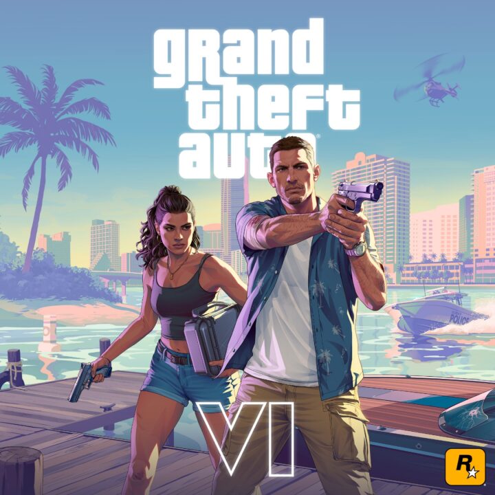 Stylized artwork of Lucia and Jason from Grand Theft Auto 6, standing by a dock with guns drawn, with Vice City buildings and a helicopter in the background.