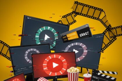 A chaotic illustration of a streaming setup with multiple screens (TV, laptop, tablet, phone) displaying buffering wheels and error messages. Popcorn is spilled, a drink is knocked over, and a clapperboard is broken, all against a distorted yellow background with film strips.