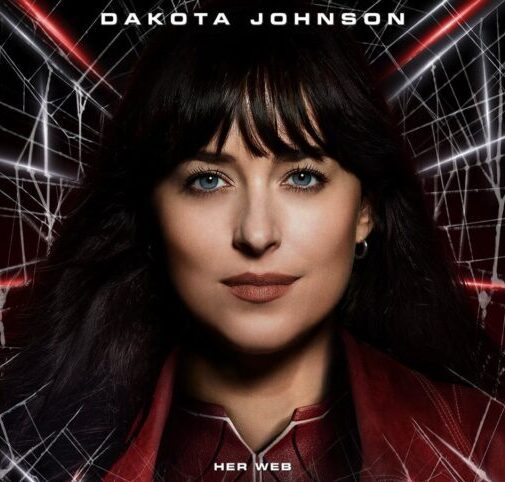 Official movie poster for Madame Web featuring Dakota Johnson as Cassandra Webb and three younger Spider-Women, with the tagline 'Her vision is only the beginning.'