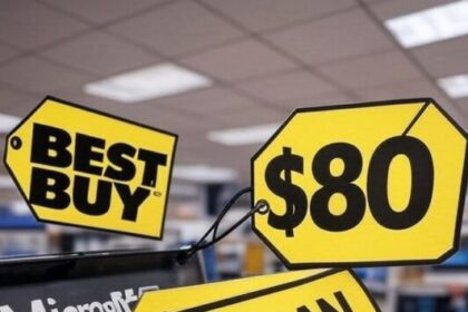 Yellow price tags in a store display, showing 'BEST BUY', '$80', and 'OBSIDIAN', with 'Microsoft' branding visible in the background, symbolizing high video game prices.