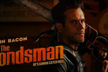 Kevin Bacon, as The Bondsman, holds a large chainsaw over his shoulder with a determined expression, looking directly at the viewer. The title "The Bondsman" and tagline "HE'S GONNA CATCH HELL" are visible on the movie poster.