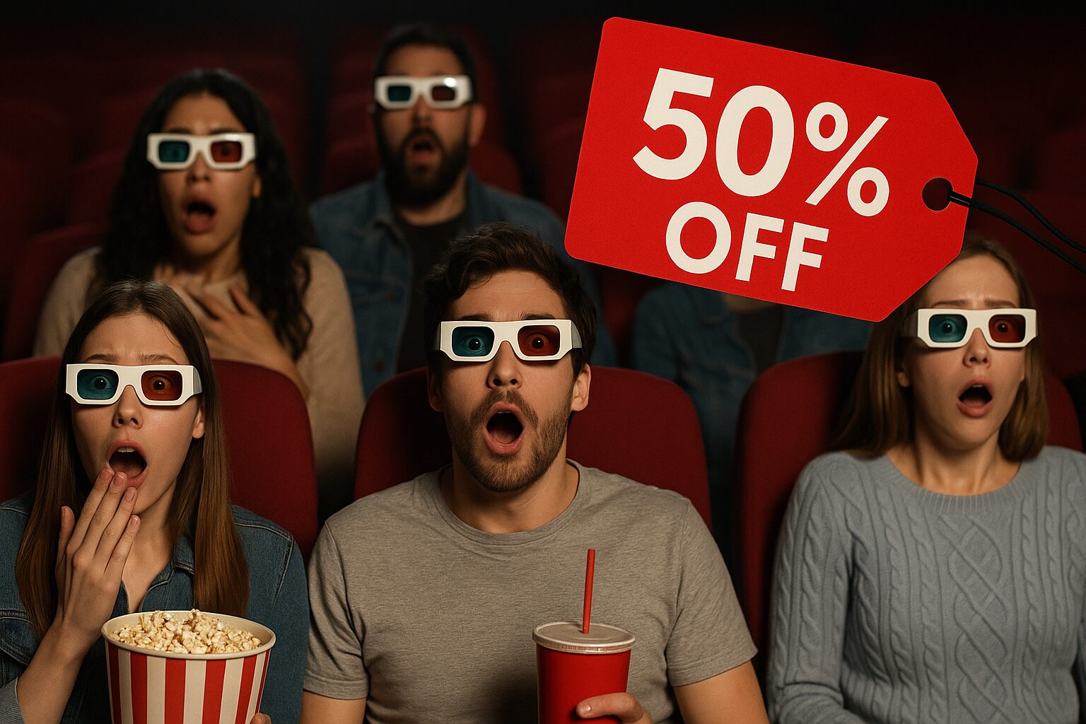 Audience in a movie theater with 3D glasses looking surprised, with a large '50% OFF' tag overlaid, symbolizing AMC's discount.