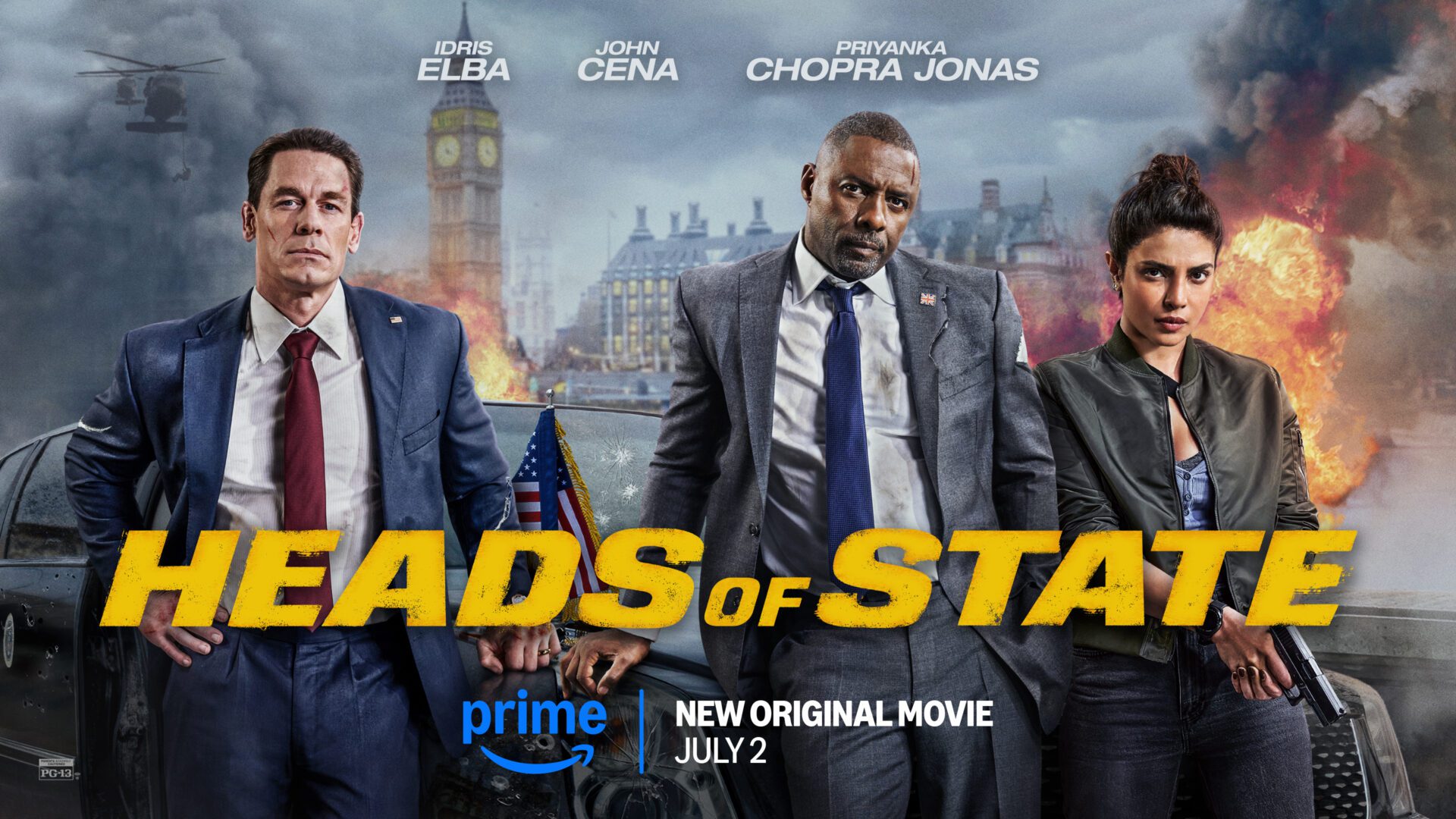 John Cena, Idris Elba, and Priyanka Chopra Jonas armed and ready, standing in a gritty, industrial setting from Heads of State.