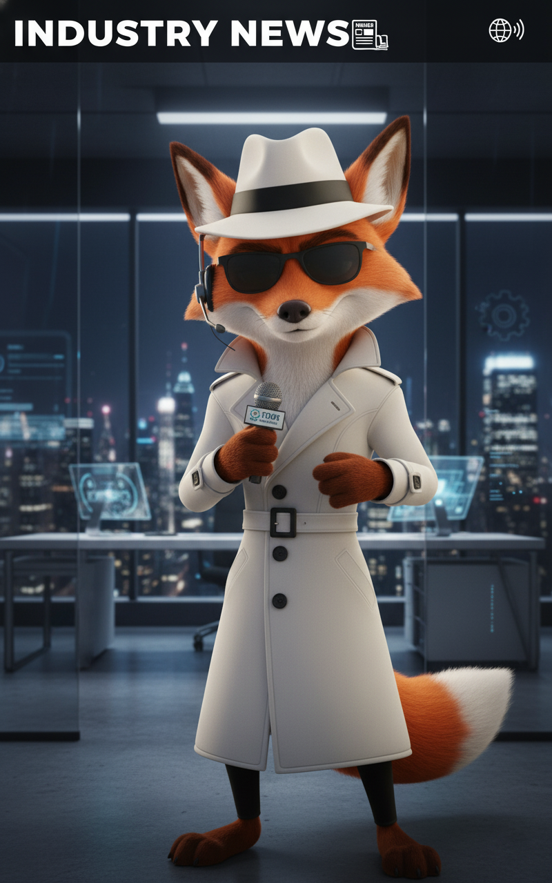 White Spy Cinefox dressed in Spy gear, in a Executive office, with a microphone and a set ear piece ready to report the Latest News for the Entertainment Industry. Represents the Industry News Category for Cinesist.com