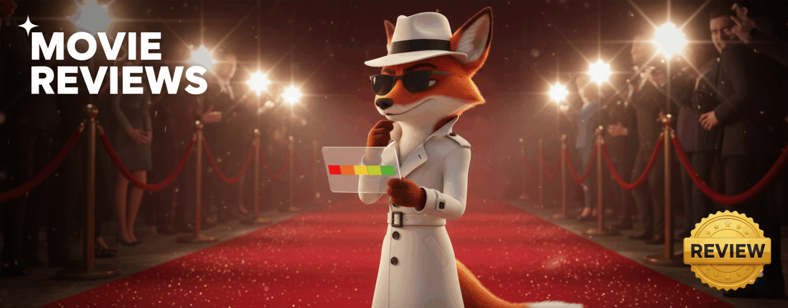 White Spy Cinefox standing on the red carpet, with the blazing lights shining on him, while he is contemplating the next review score. You can see the Cinescore meter and a see through tablet. Used to represent the Movie Reviews Category on Cinesist.com