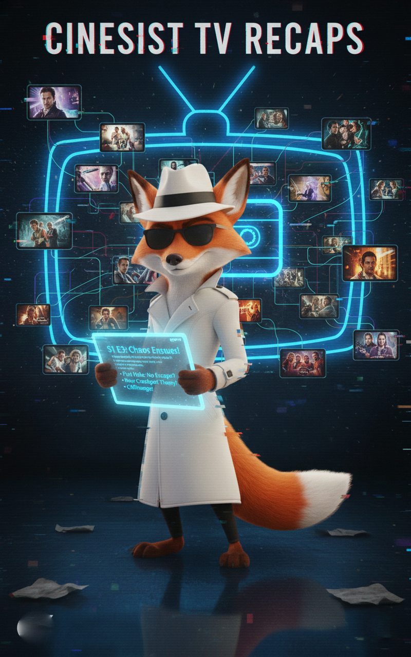 White Spy Cinefox, with a futuristic tablet, going over the episode breakdown. Standing in front of a TV graphic with fragmented tv scenes. Used to represent the TV Recaps Category on Cinesist.com